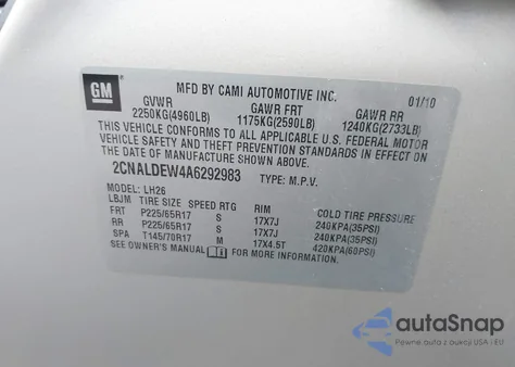 2010 Chevrolet Equinox Lt z USA, uszkodzony, nr VIN 2CNALDEW4A6292983